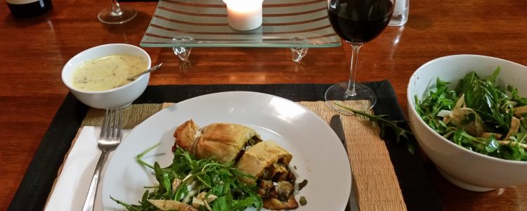 Mushroom Strudel with Greens and a Mustard Sauce