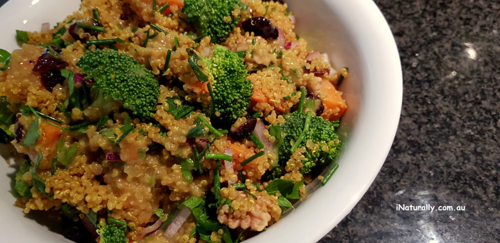 Quinoa, spiced sweet potato and broccoli with french dressing
